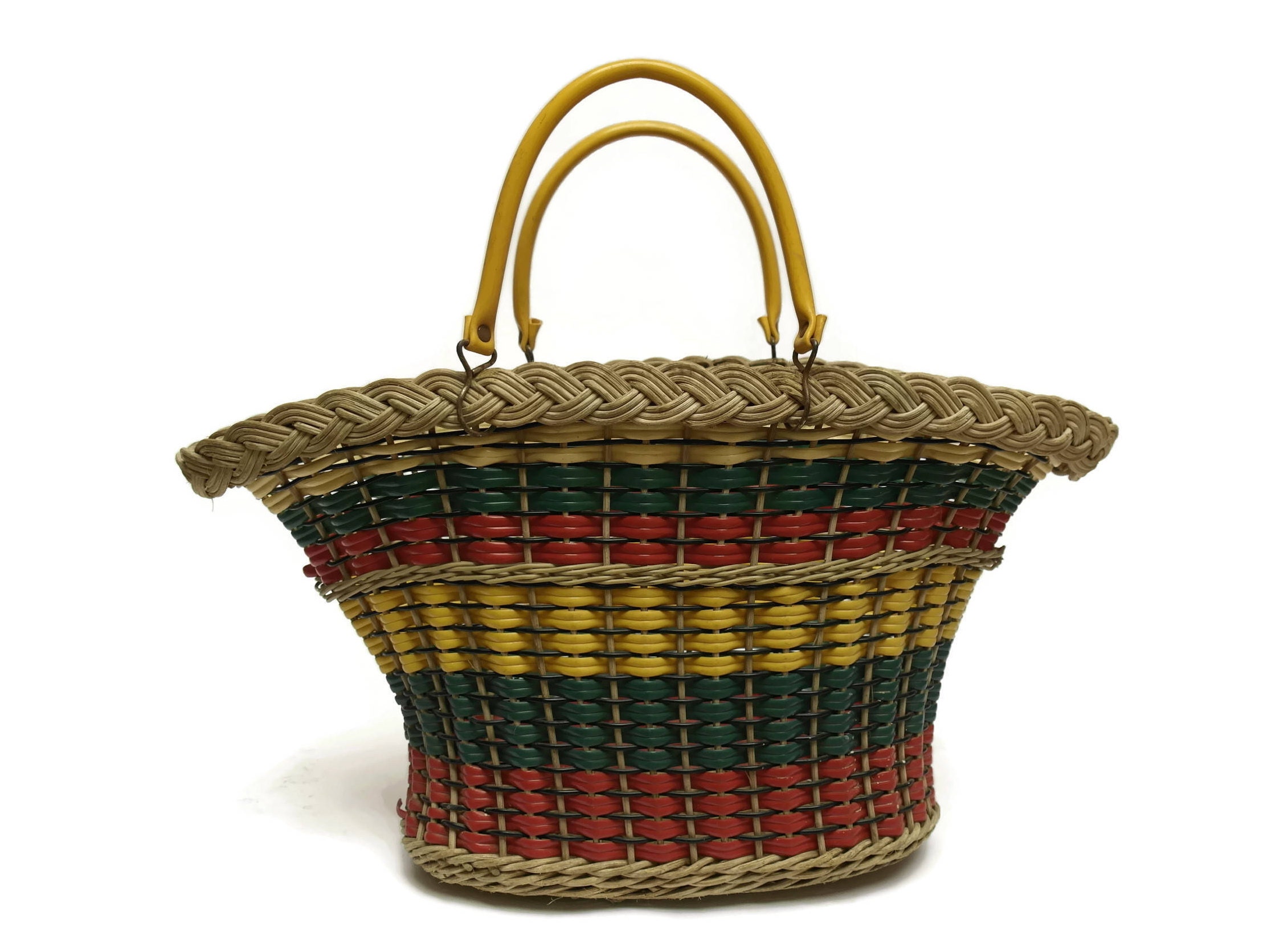 Mid Century French Market Basket, Vintage Wicker and Plastic Coated