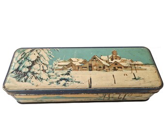 French Lithograph Tin Candy Box with Snowy Winter Scene and Village in Country Landscape