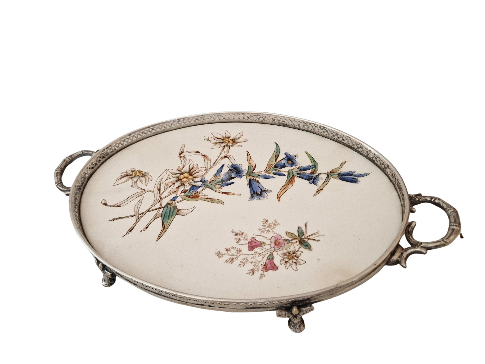 Antique Porcelain Serving Tray with Flower Transferware and Silver Metal Frame and Handles