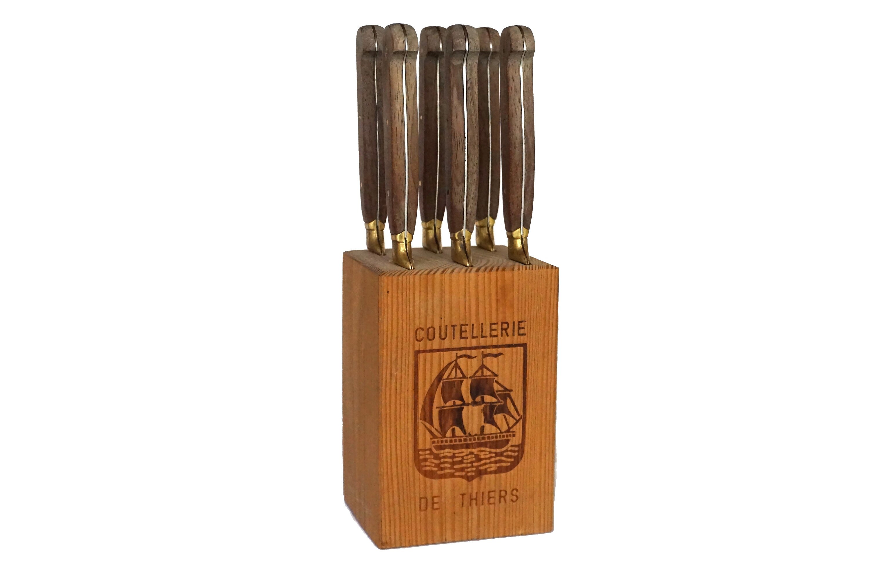 Vintage French Steak Knives, Set of 6 with Wooden Block Stand by