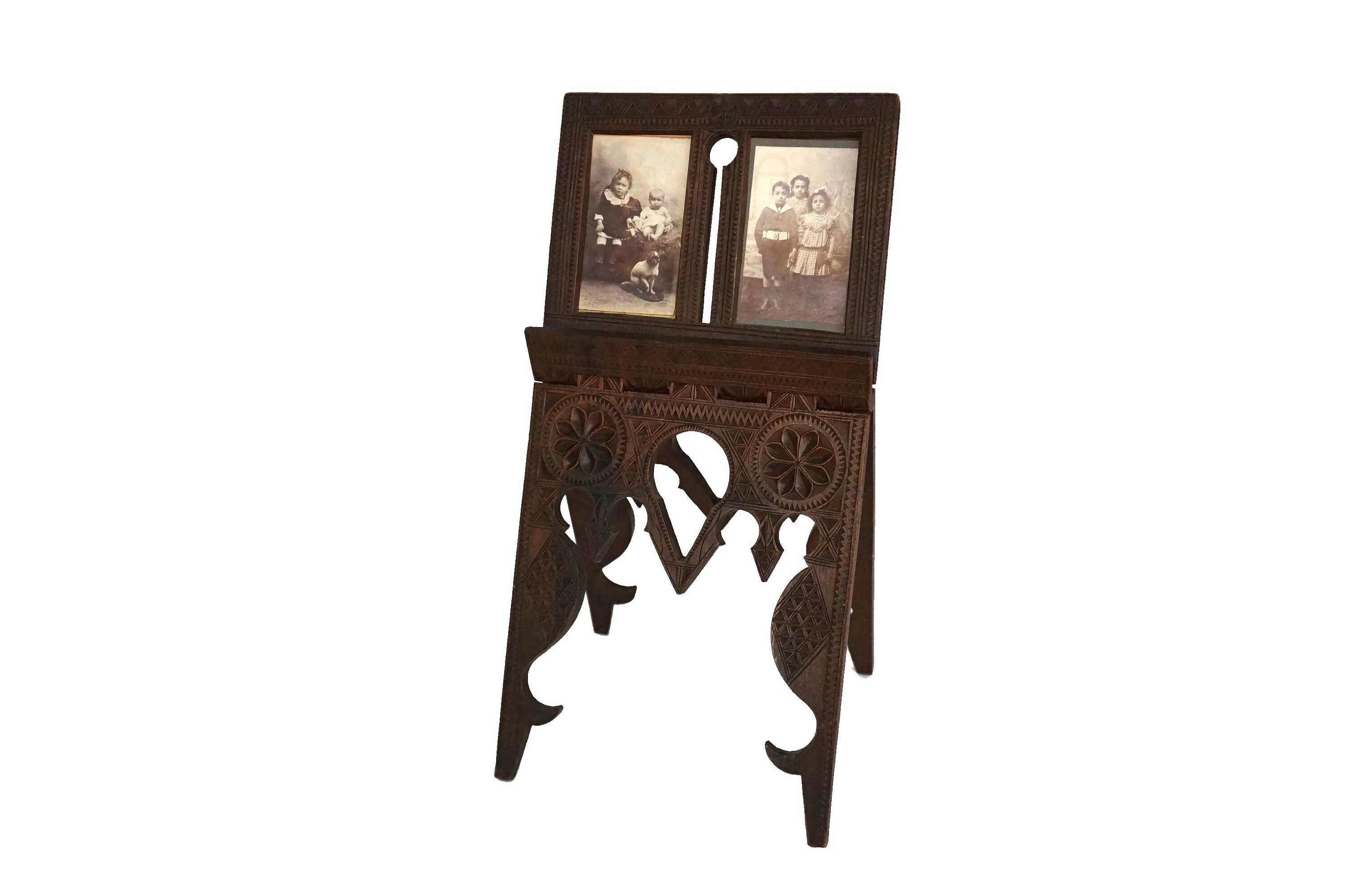 Antique Carved Wood Double Photo Frame, Anglo Indian Rosewood Folding Frame