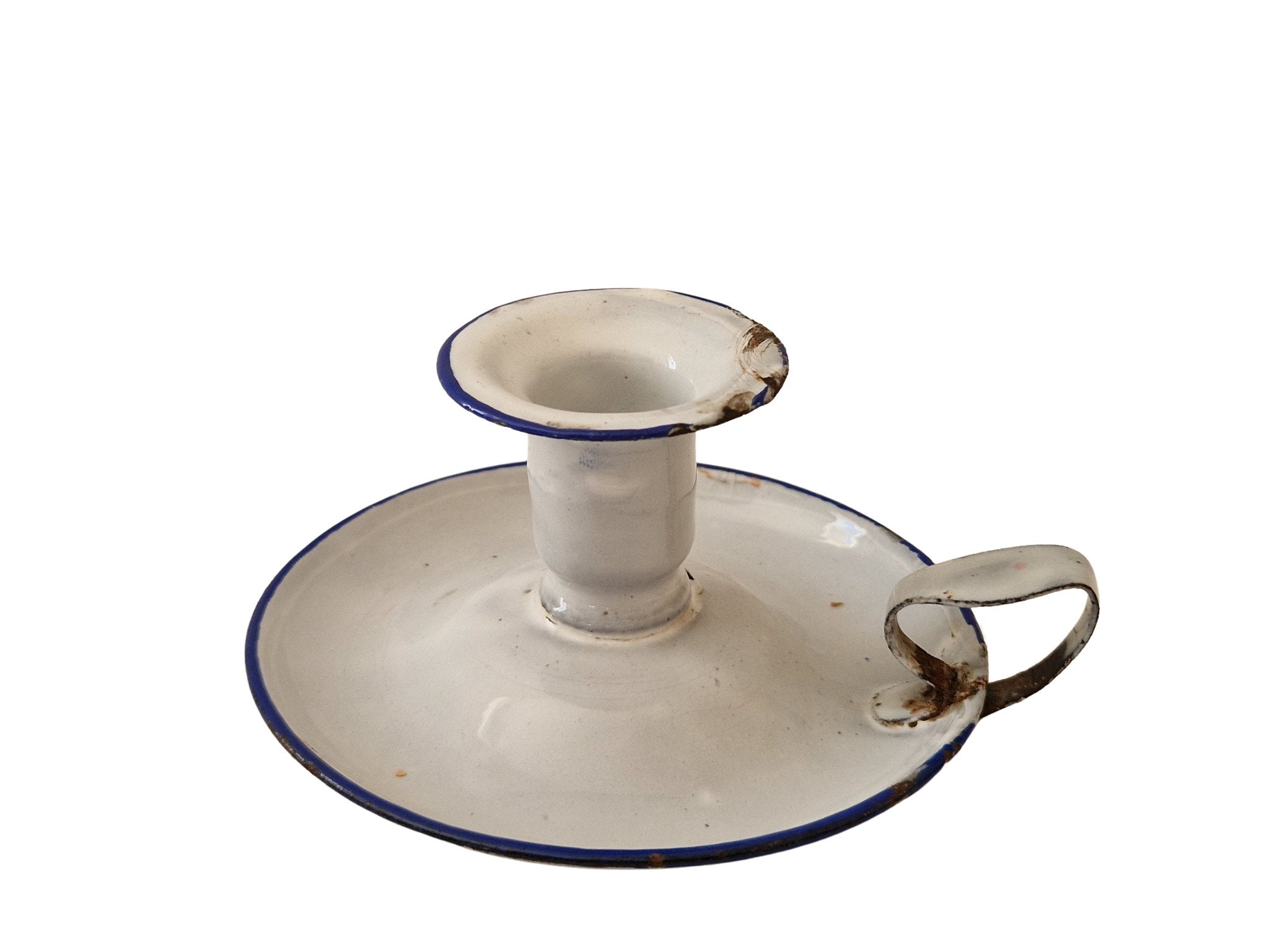 Antique Shabby French Enamel Candlestick Holder with Handle, Enamelware