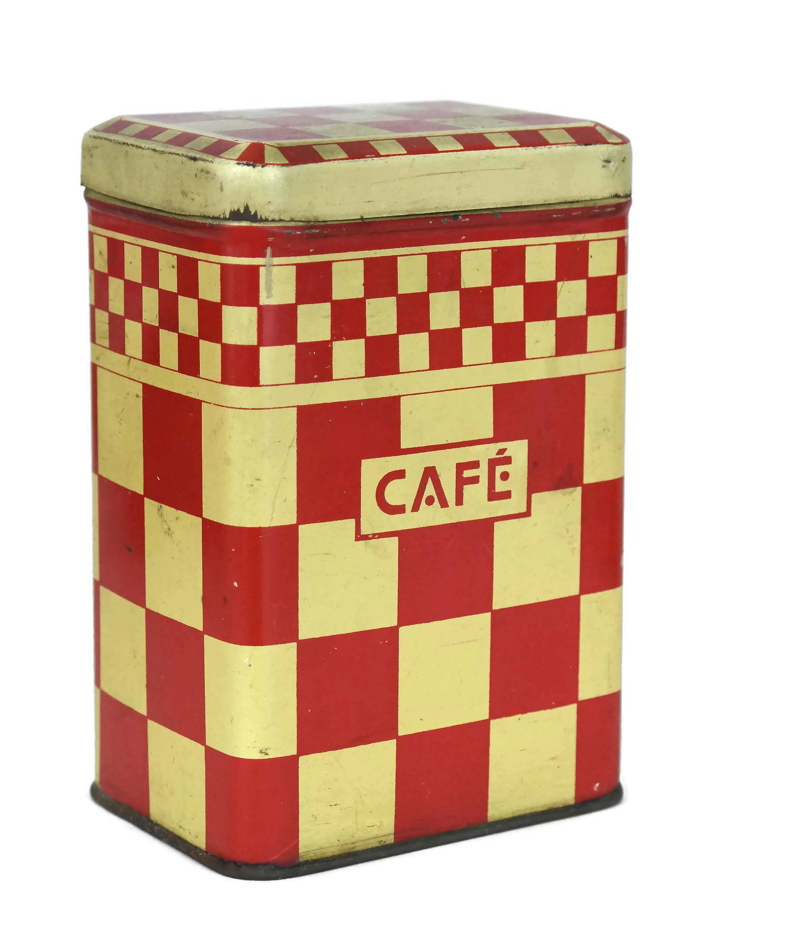 French Vintage Red Kitchen Canisters. Set of 4 Red Checkerboard