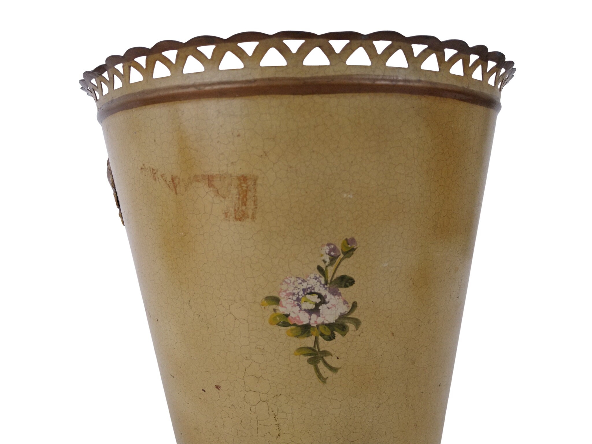 Antique French Tole Waste Basket, Hand Painted Flower Wastepaper Trash