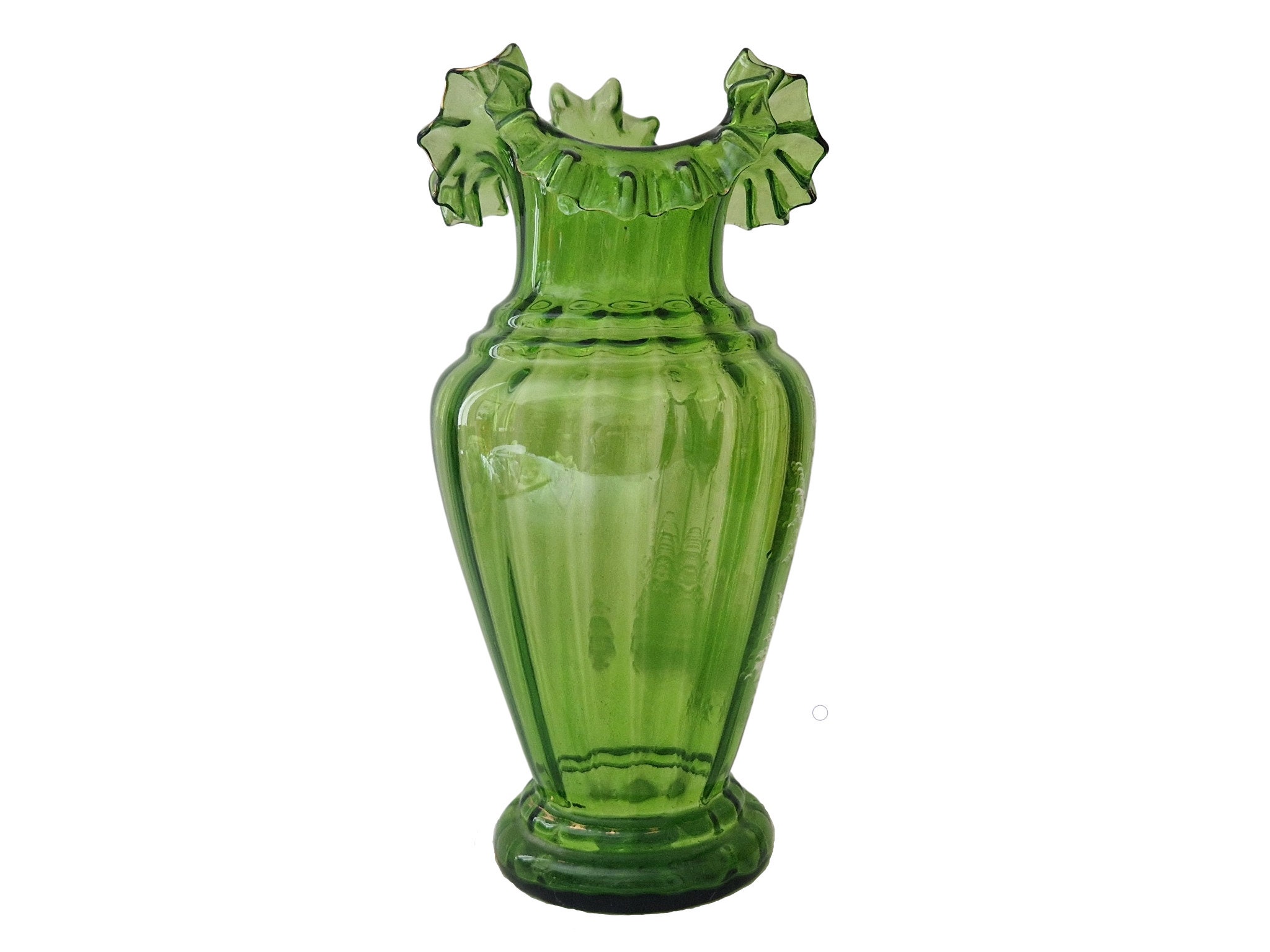 Antique Mary Gregory Green Glass Vase with Girl and Parrot Hand Painted