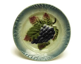 Antique Majolica Grape and Vine Leaf Fruit Plate. French Country Kitchen Wall Plate.