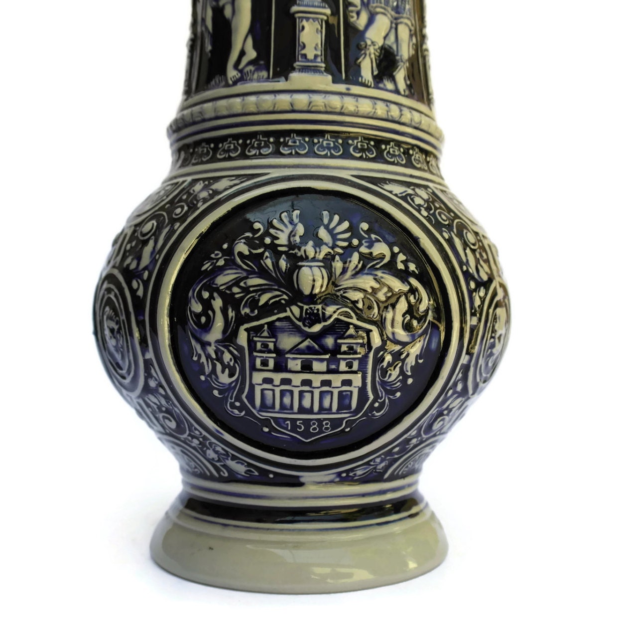 German Beer Stein Pouring Pitcher. Large Blue and White Ceramic Beer Jug.