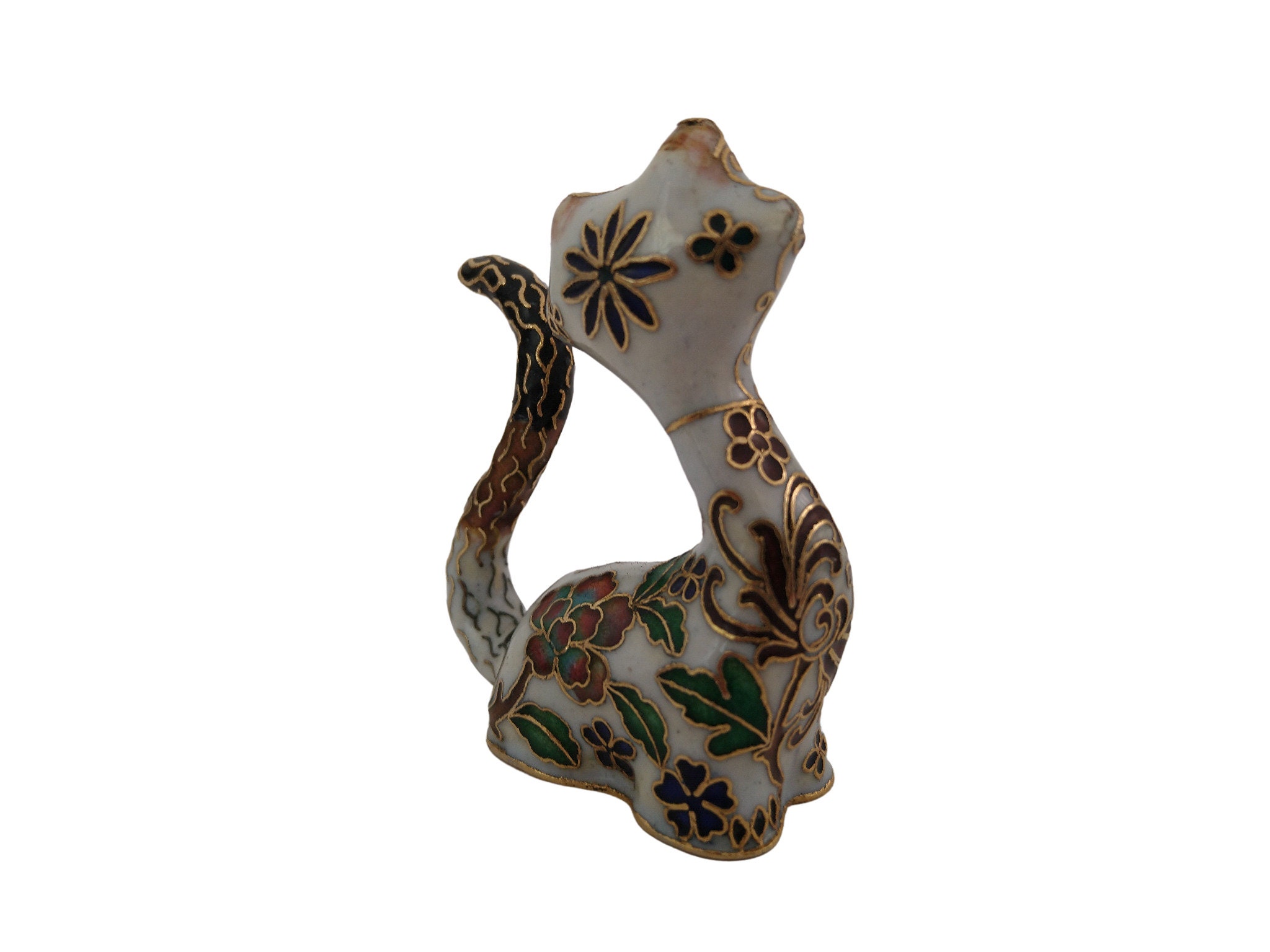 Vintage Chinese Cloisonne Cat Figurine, Collectible Enamel Brass Animal Figure