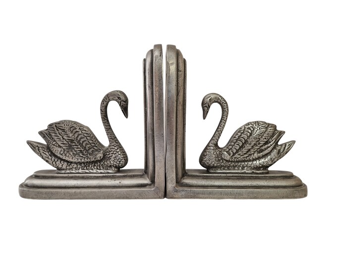 French Pewter Swan Figurine Bookends, Vintage Office Decor, Pair of Bird Book Ends