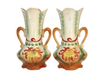 Antique French Majolica Sunflower Vases, Matching Pair of Ceramic Mantle Garniture Urns