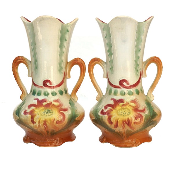 Antique French Majolica Sunflower Vases, Matching Pair of Ceramic Mantle Garniture Urns