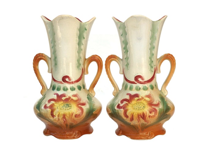 Antique French Majolica Sunflower Vases, Matching Pair of Ceramic Mantle Garniture Urns