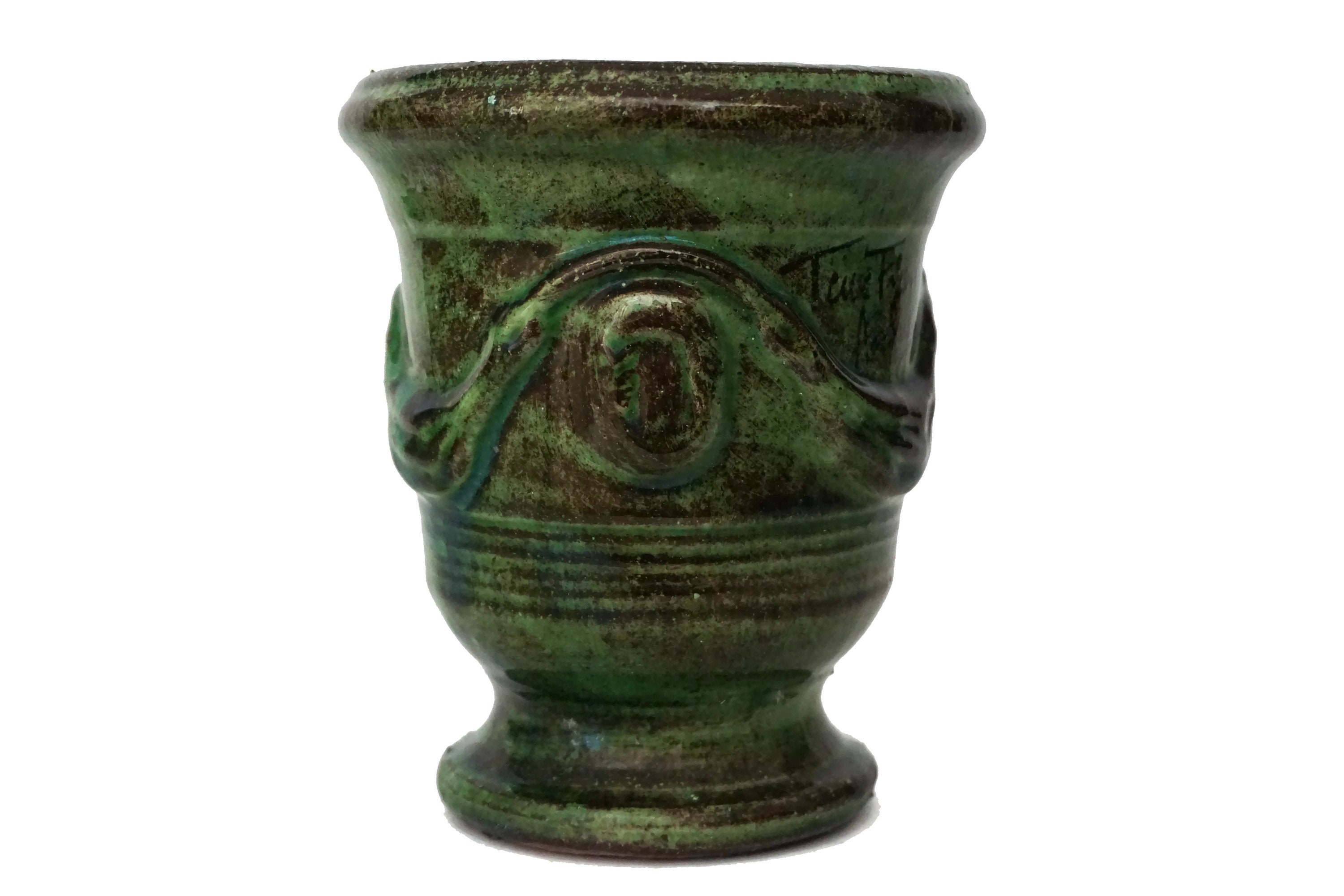French Anduze Pottery Herb Pot, Small Green Terracotta Urn Vase