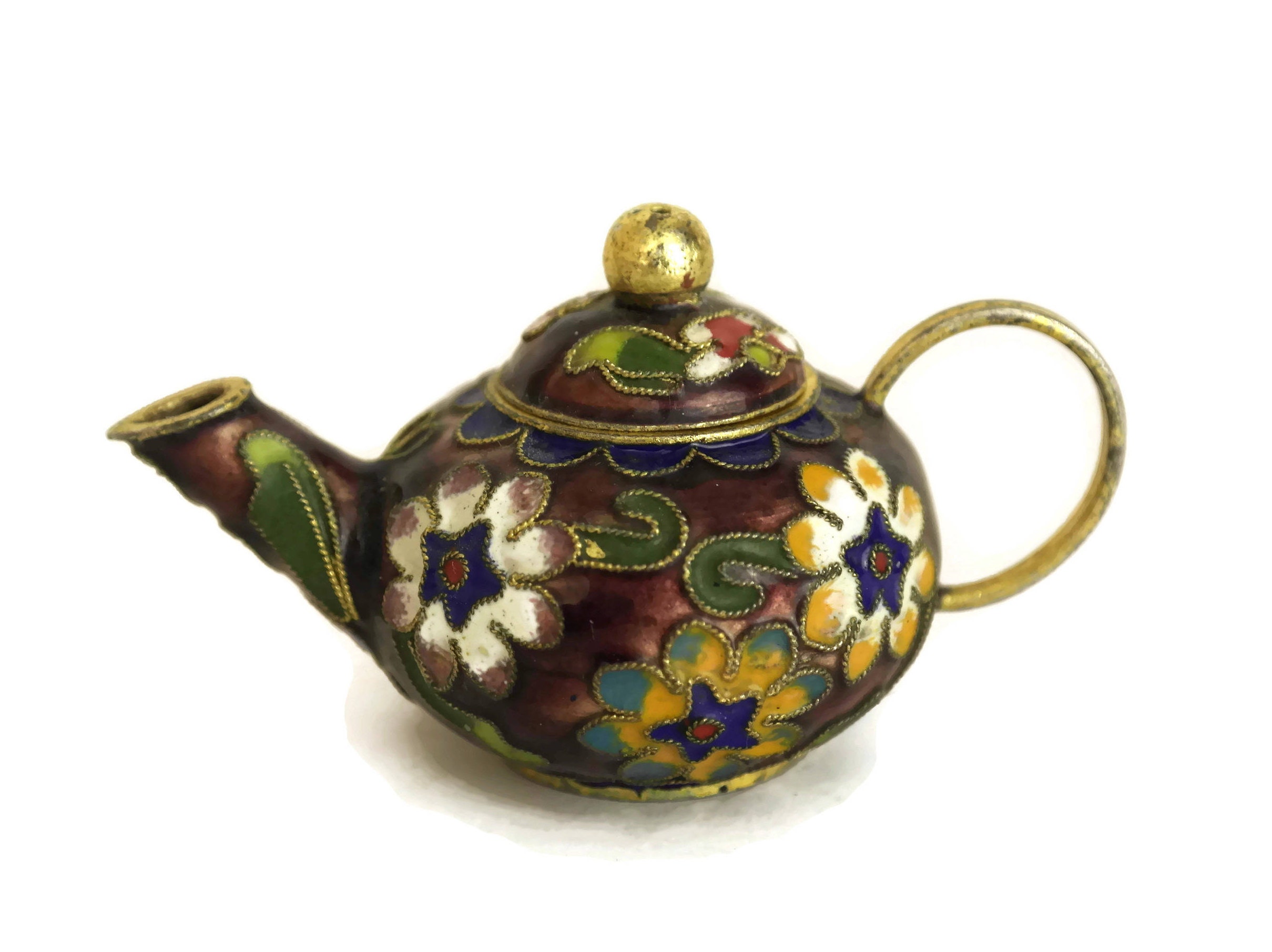 Miniature Cloisonne Teapot Collectible. Chinese Enamel and Brass Souvenir. Vintage Oriental Home