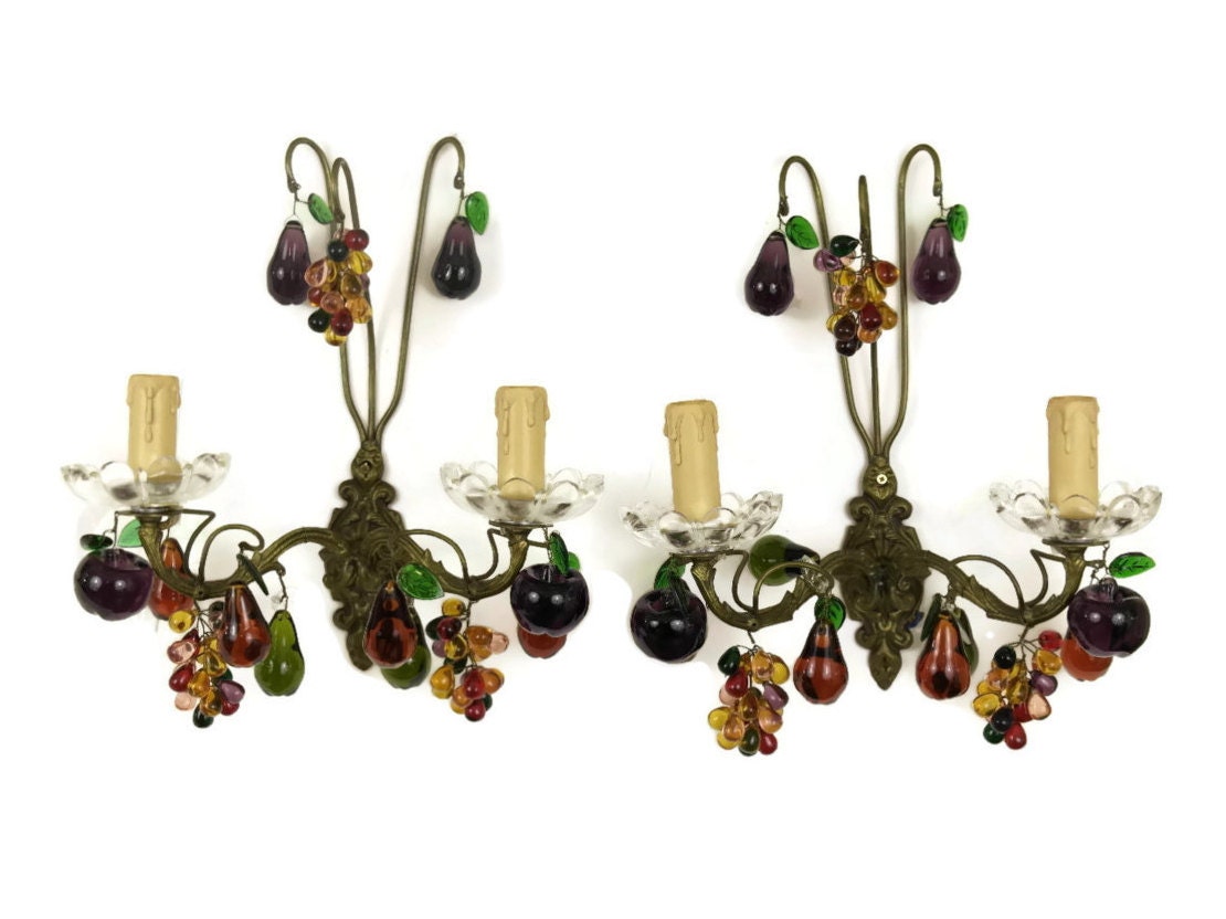 Pair of Antique French Chandelier Wall Sconces. Multi Color Glass Fruit ...