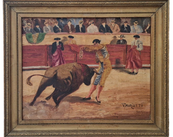 Mid Century Bullfight Oil Painting with Matador and Bull, Original Framed Wall Art