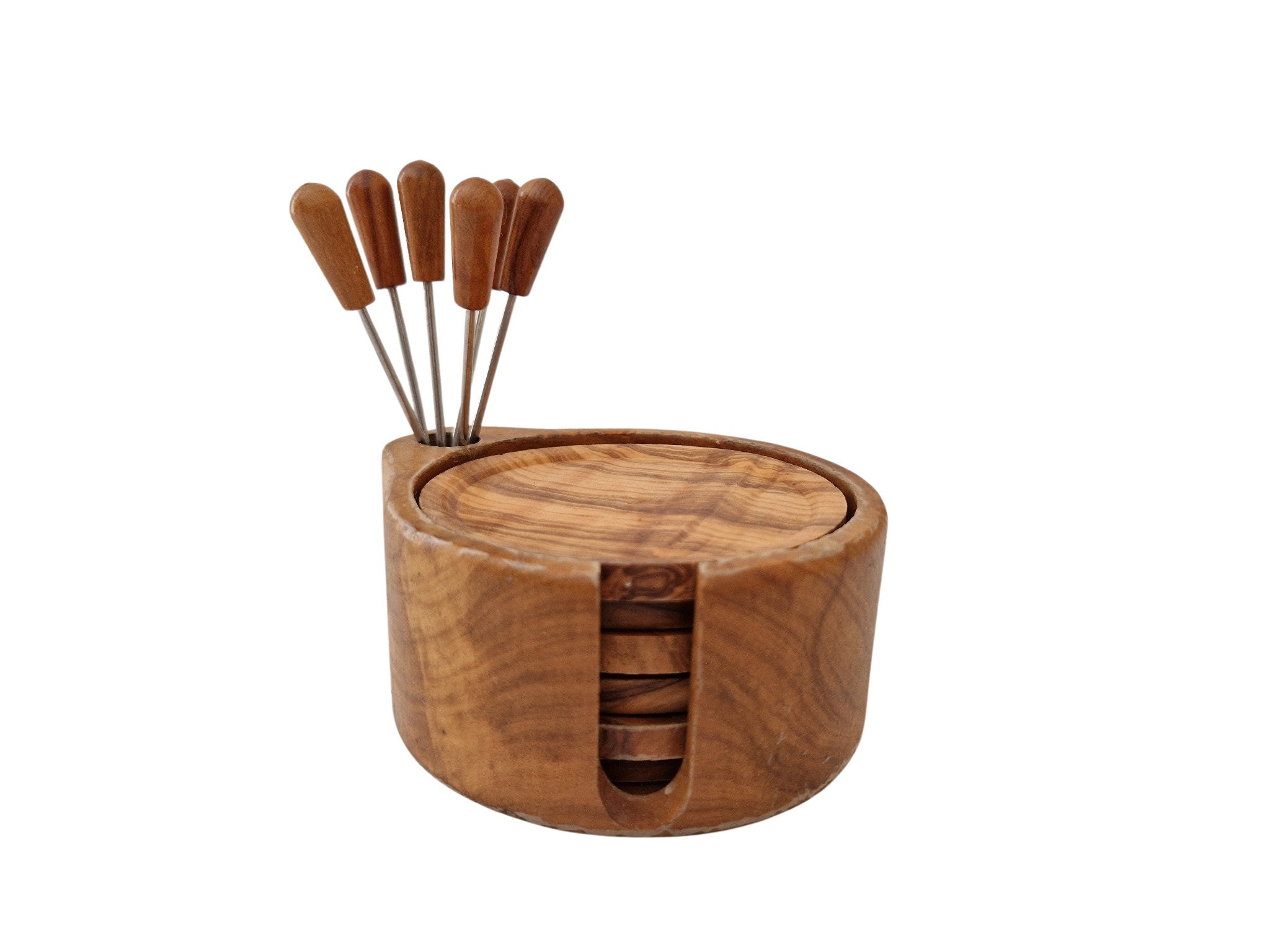 French Olive Wood Cocktail Pick Holder and Drinks Coaster Set, Mid