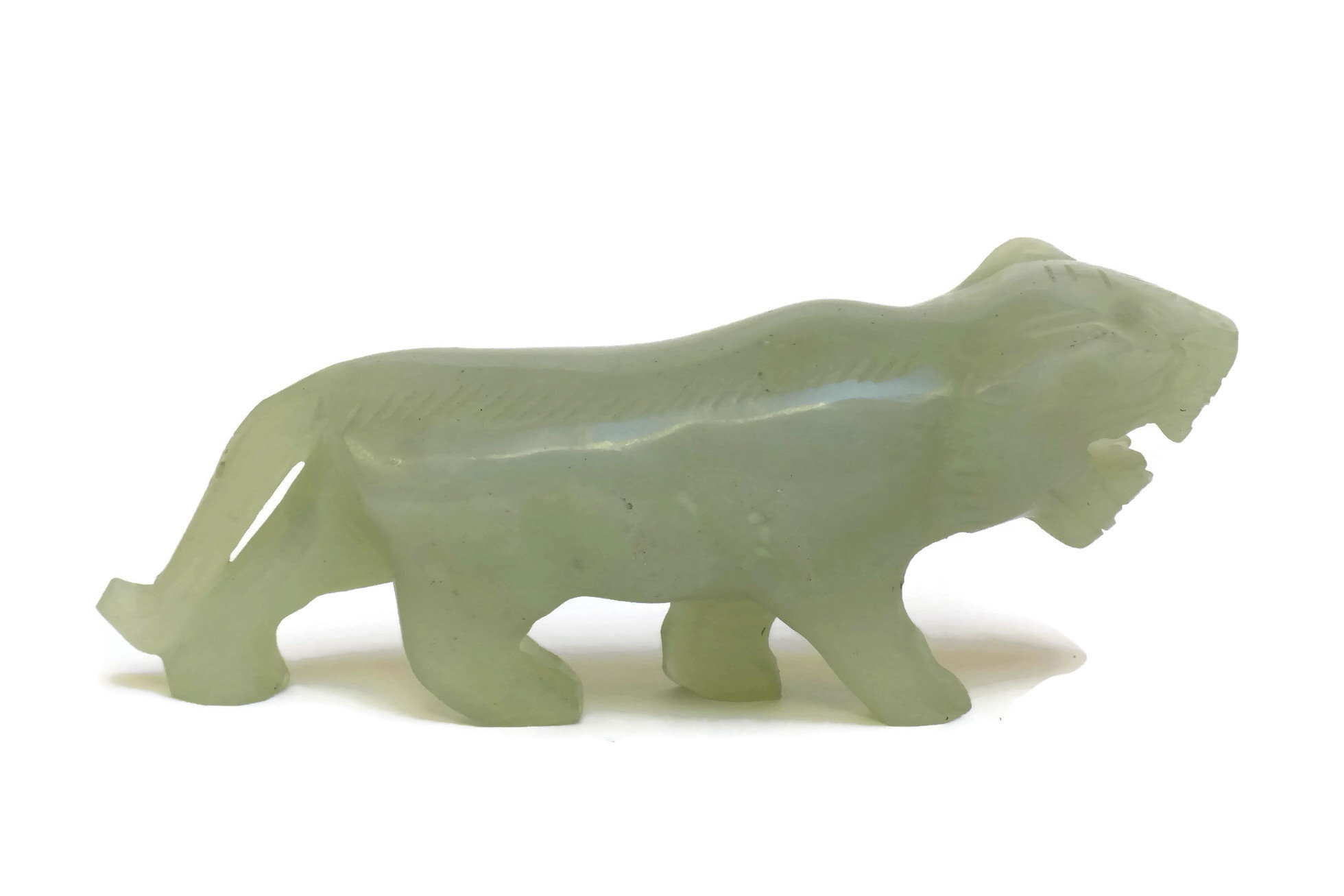 Vintage Green Jade Tiger Figurine. Folk Art Hand Carved Animal Figure