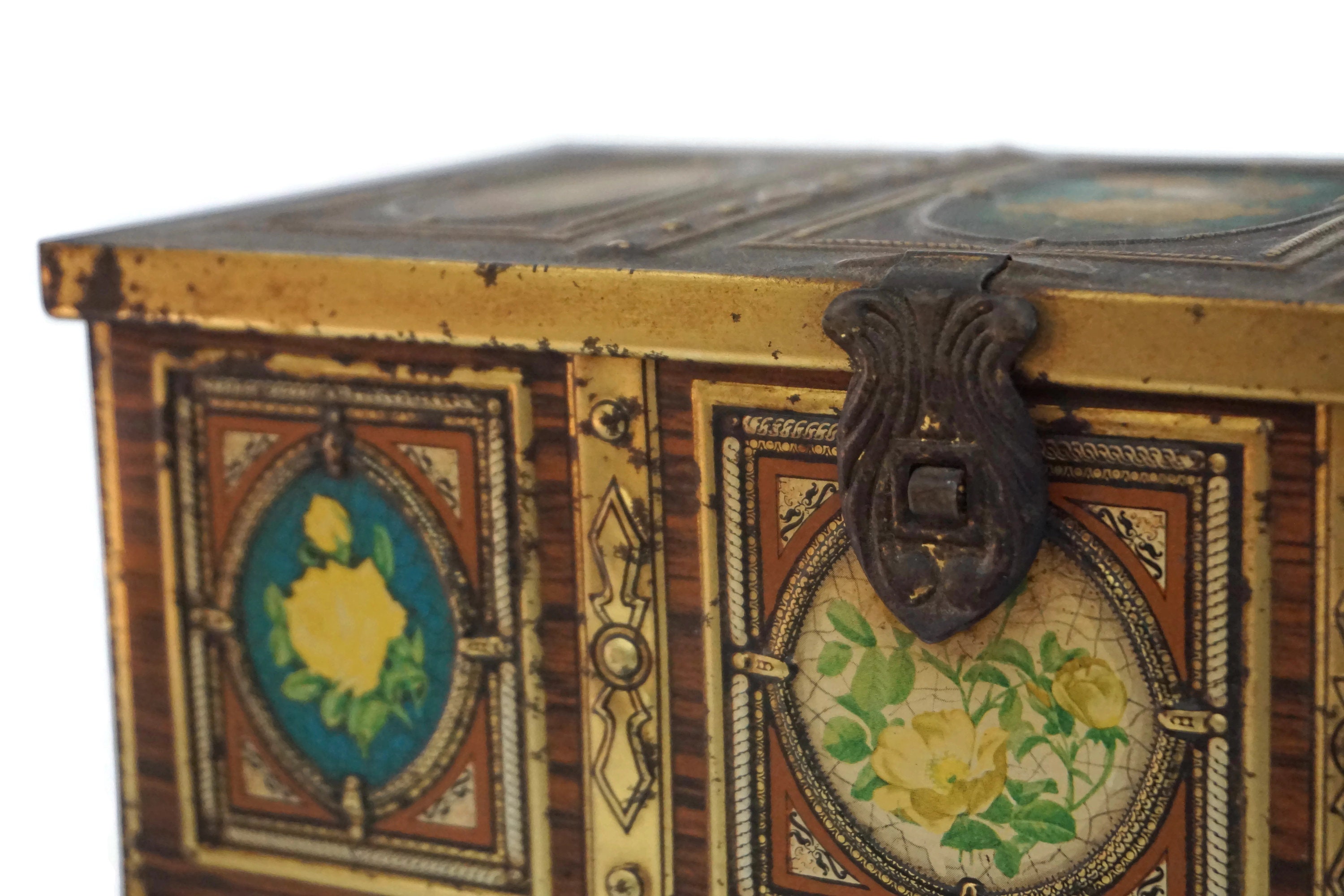 French Tin Treasure Chest Candy Box with Lithograph Roses