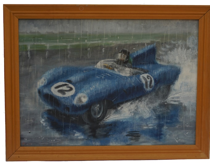 Jaguar Car at Aintree Motor Racing Circuit Painting, Mid Century Formula One Art