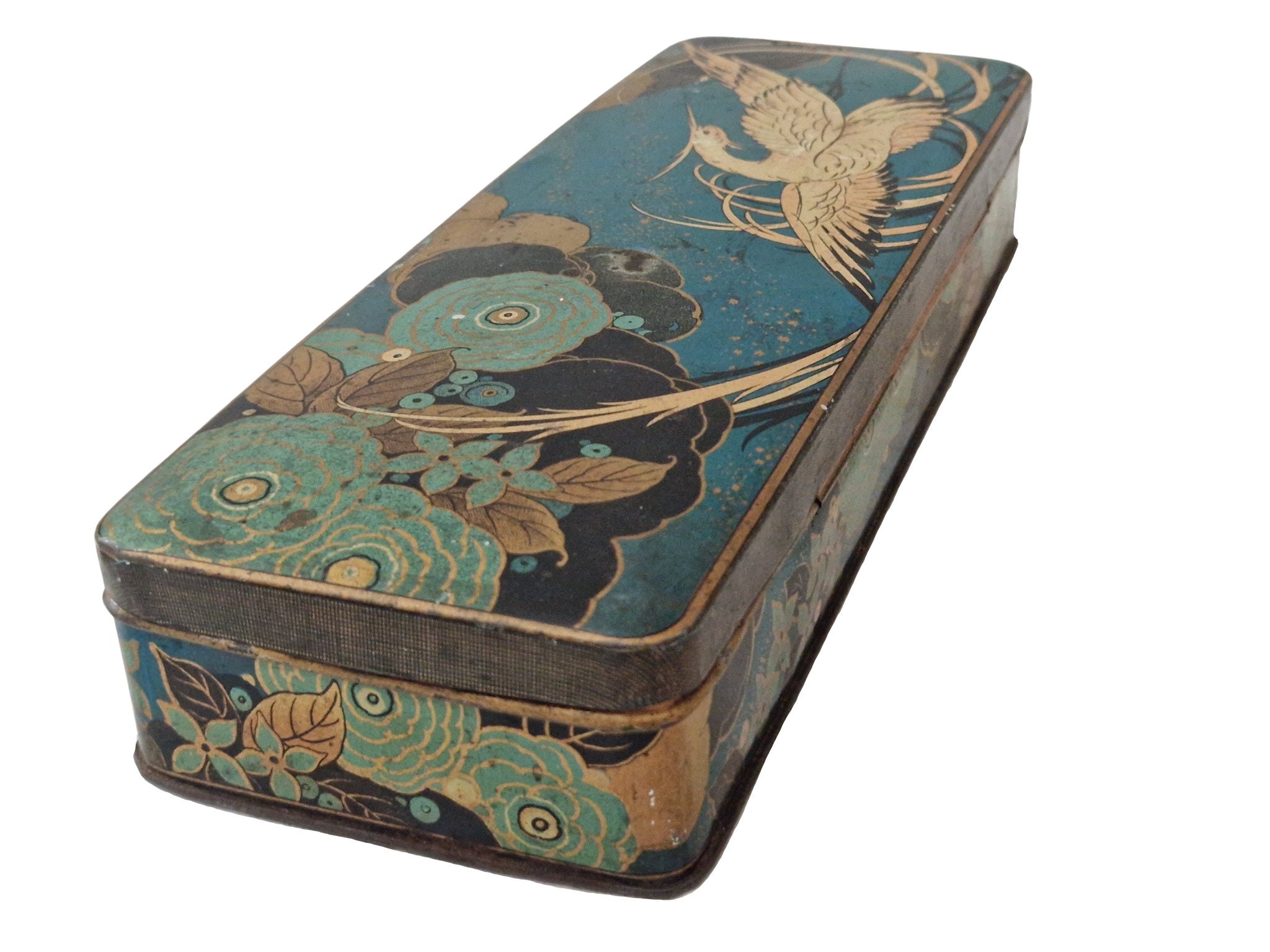 French Candy Tin Box with Art Deco Flowers and Crane Bird, Teal and
