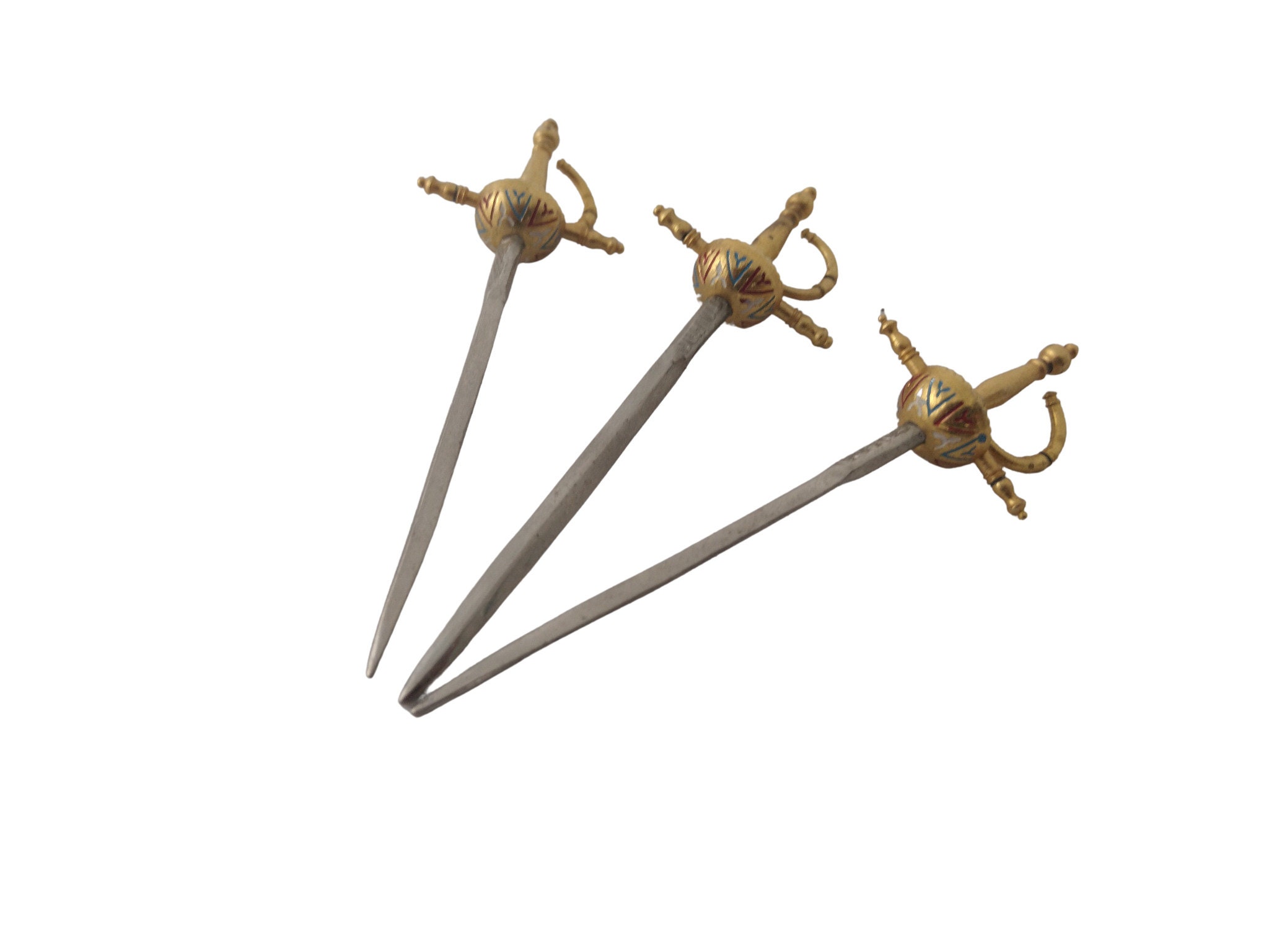 Vintage Brass Sword Cocktail Picks, Toledo Appetizer Sticks and Stand