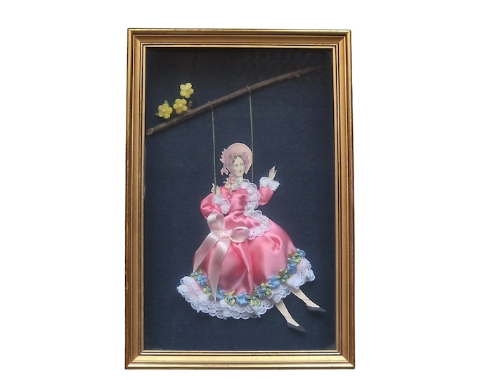 French Victorian Fashion Shadow Box, Lady on Swing in Hand Made Diorama