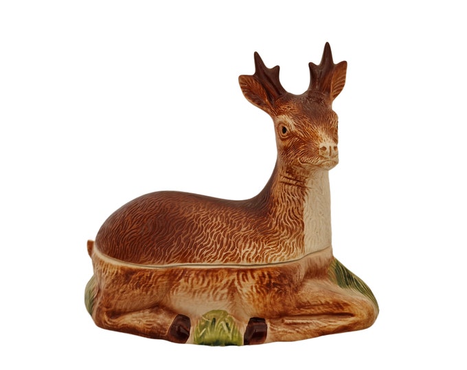 Vintage Majolica Deer Tureen by Michel Caugant, Woodland Kitchen Terrine Table Decor