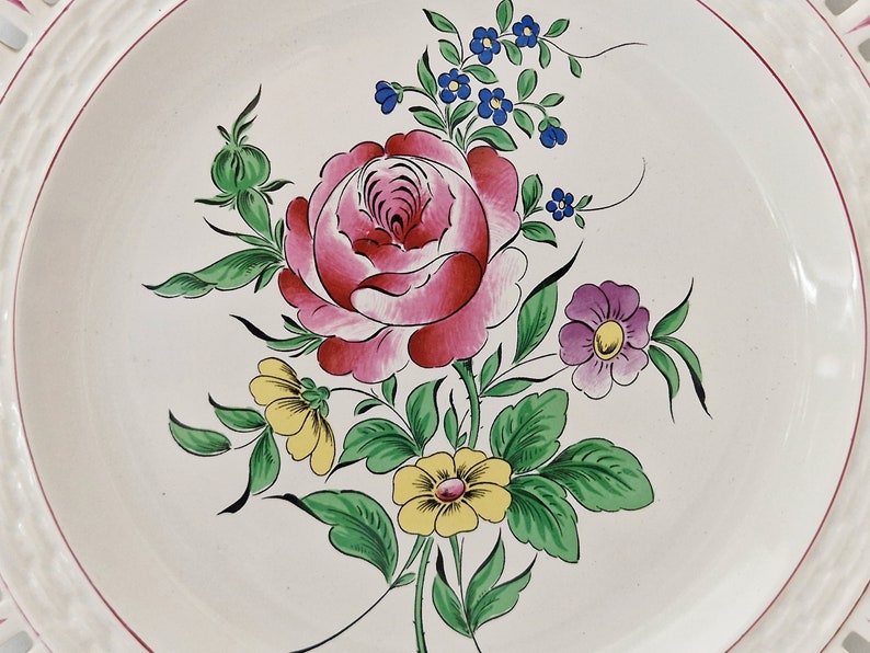 Hand Painted French Faience Plate with Roses and Lattice Cutwork Border, Country Kitchen Wall Hanging Decor image 4