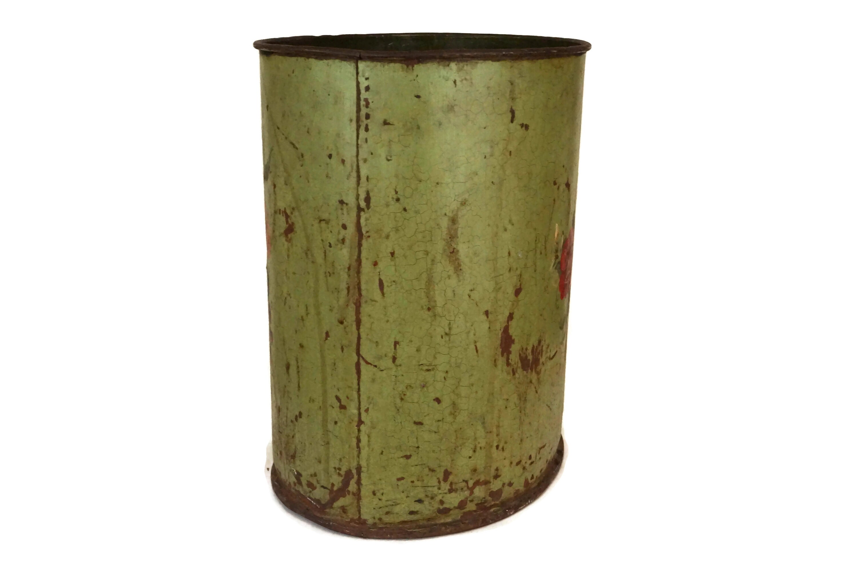 Antique French Tole Waste Basket, Hand Painted Flower Wastepaper Trash