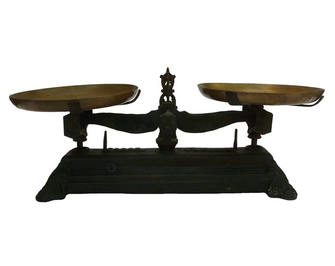 Antique Cast Iron Scales with Brass Pans, French Market Scale Balance