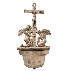 Vintage Brass Holy Water Font with Angels and Crucifix Wall Hanging image 1