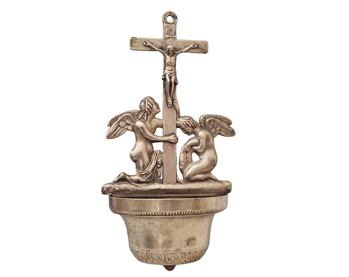 Vintage Brass Holy Water Font with Angels and Crucifix Wall Hanging