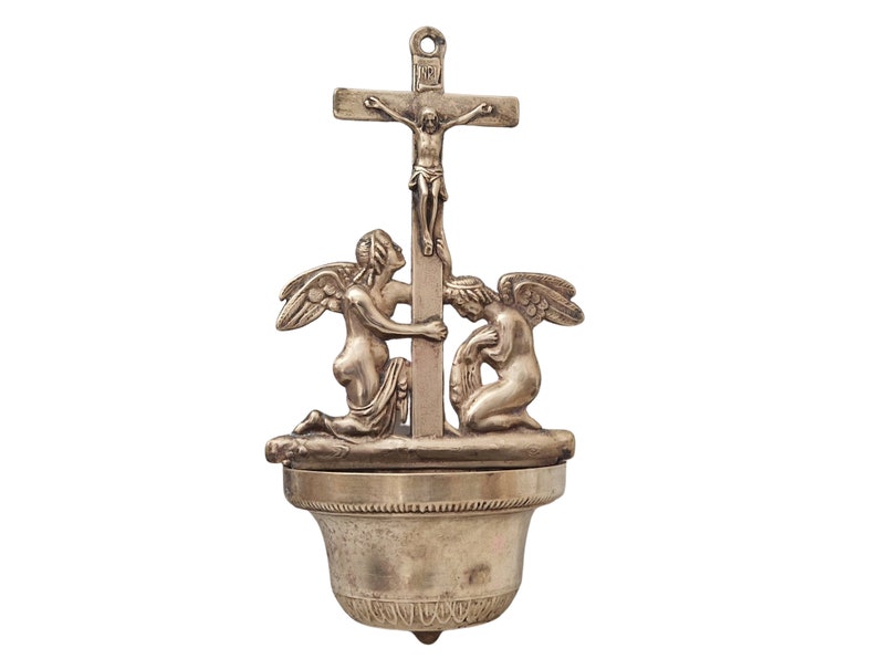 Vintage Brass Holy Water Font with Angels and Crucifix Wall Hanging image 1