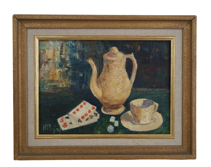 Still Life Oil Painting With Coffee Pot, Cup and saucer and Playing Cards