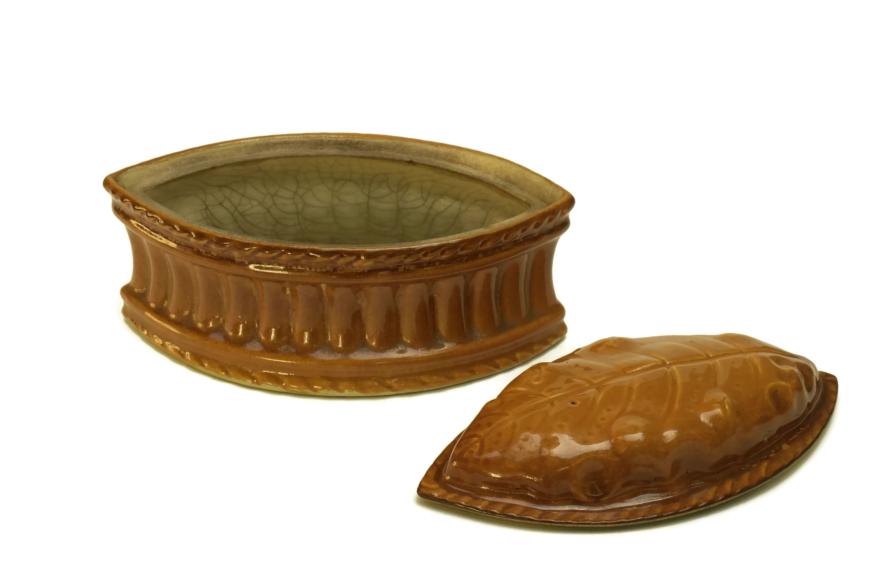French Porcelain Game Pie Dish. Rustic Tureen Baking Mould with Lid