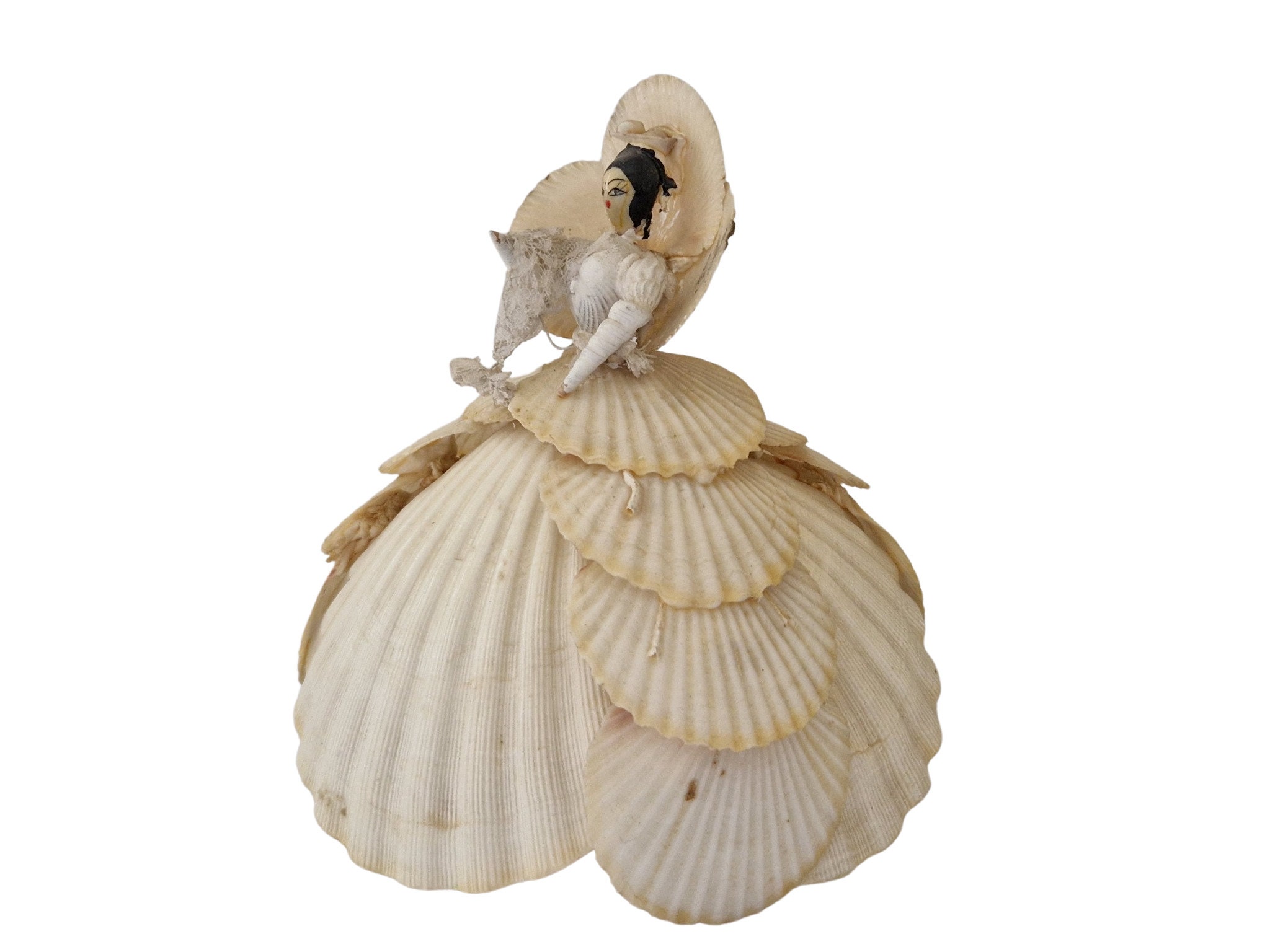 Antique Sea Shell Bride Figurine, French Seashell Art Coastal Souvenir,  Victorian Wedding Doll