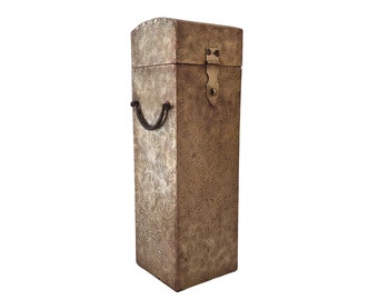 Embossed Brass Wooden Wine Box, Liquor Bottle Holder Safe with Latch and Handles