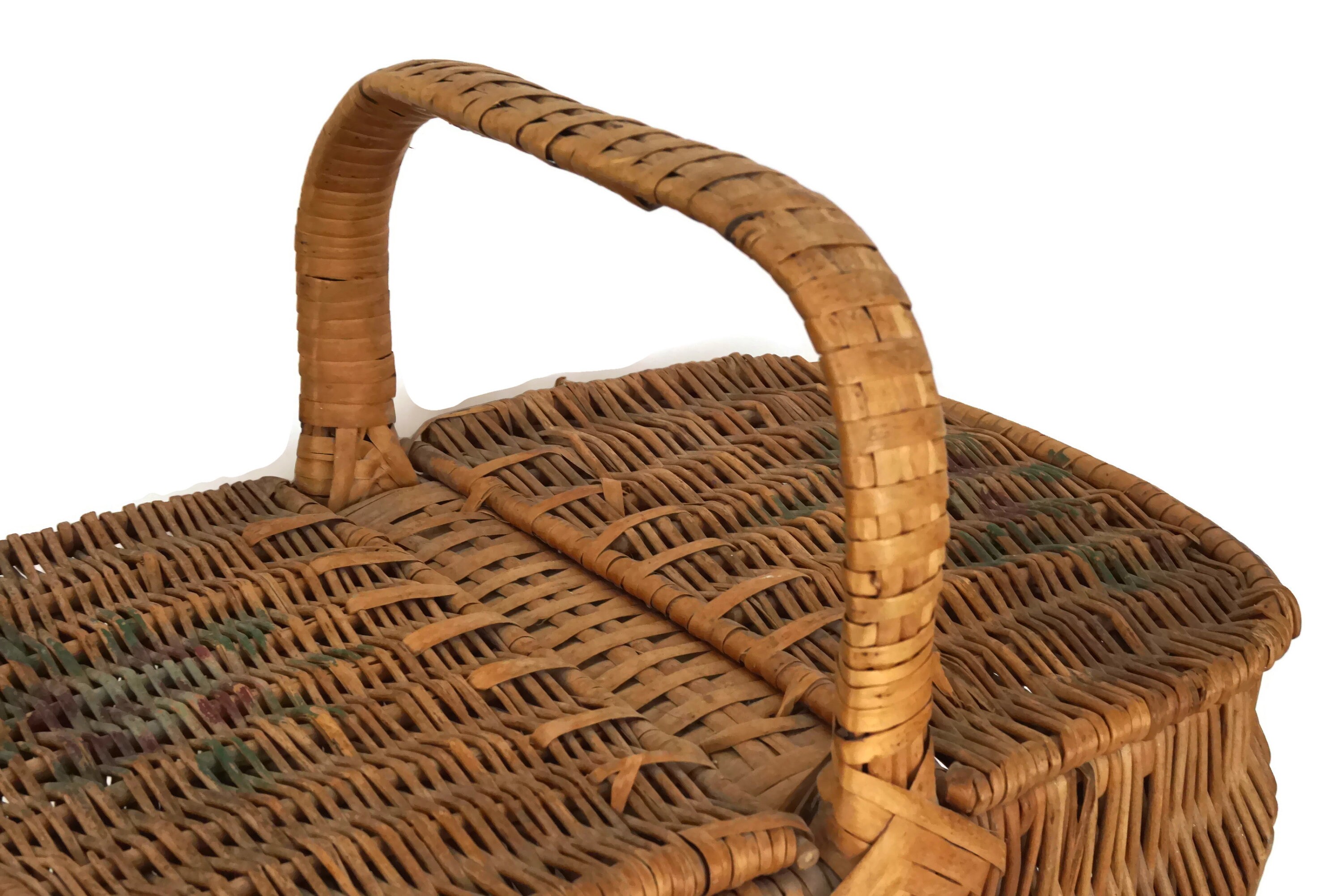 Rustic French Wicker Picnic Basket with Hand Painted Art Deco Flowers and Lid