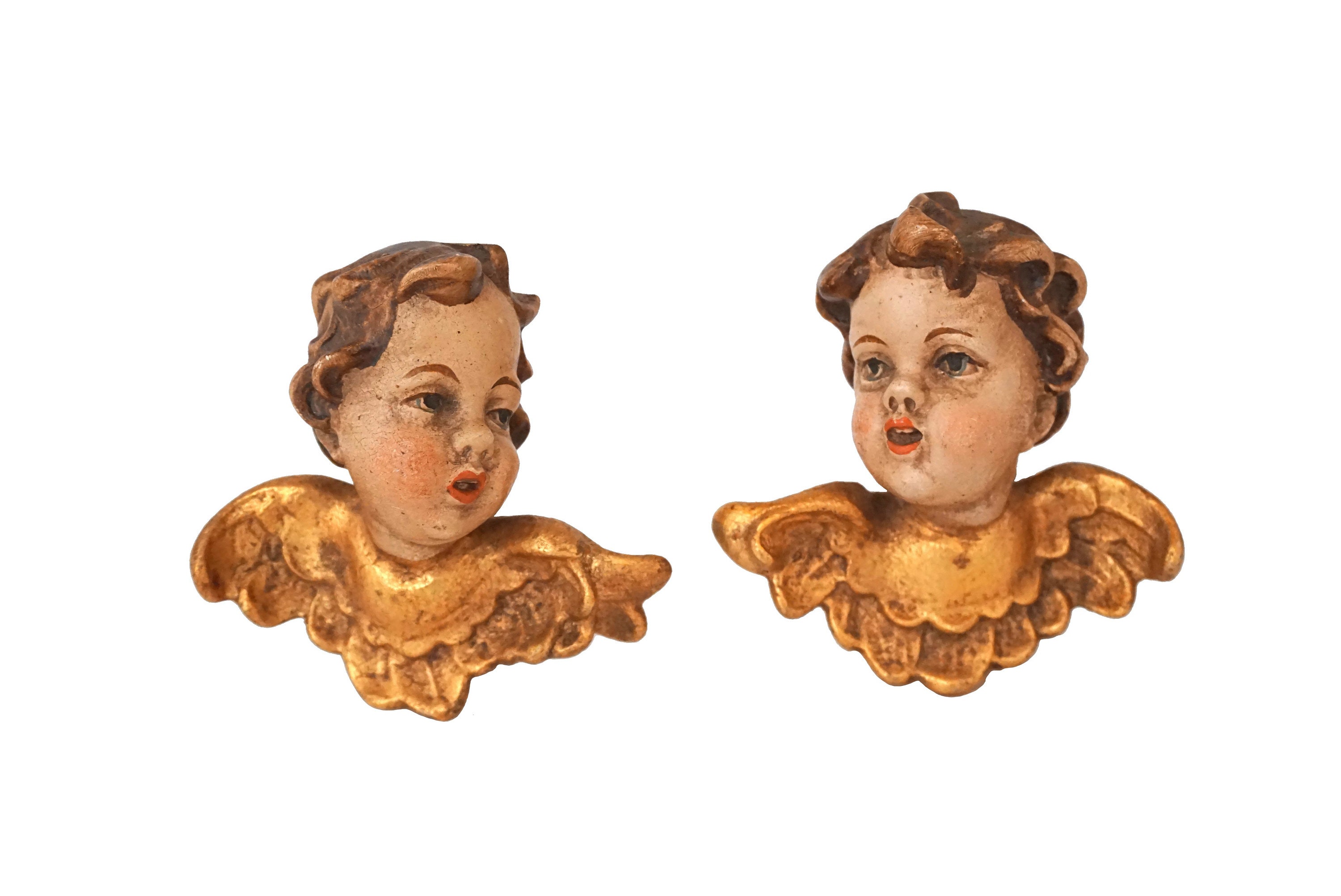 Hand Carved Cherub Putti Head Figurines, German Wooden Christmas Angel