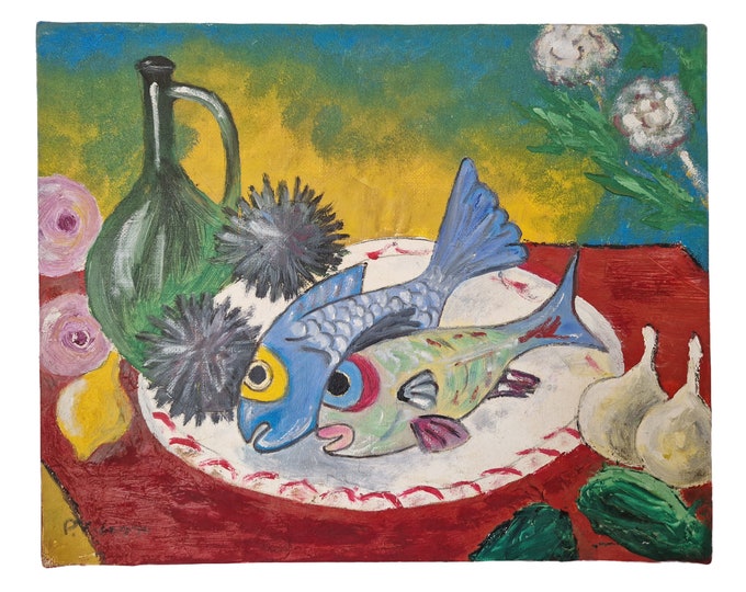 Expressionist Fish Still Life Painting on Canvas by Patrick Vidonne, Bright Modernist Kitchen Wall Art
