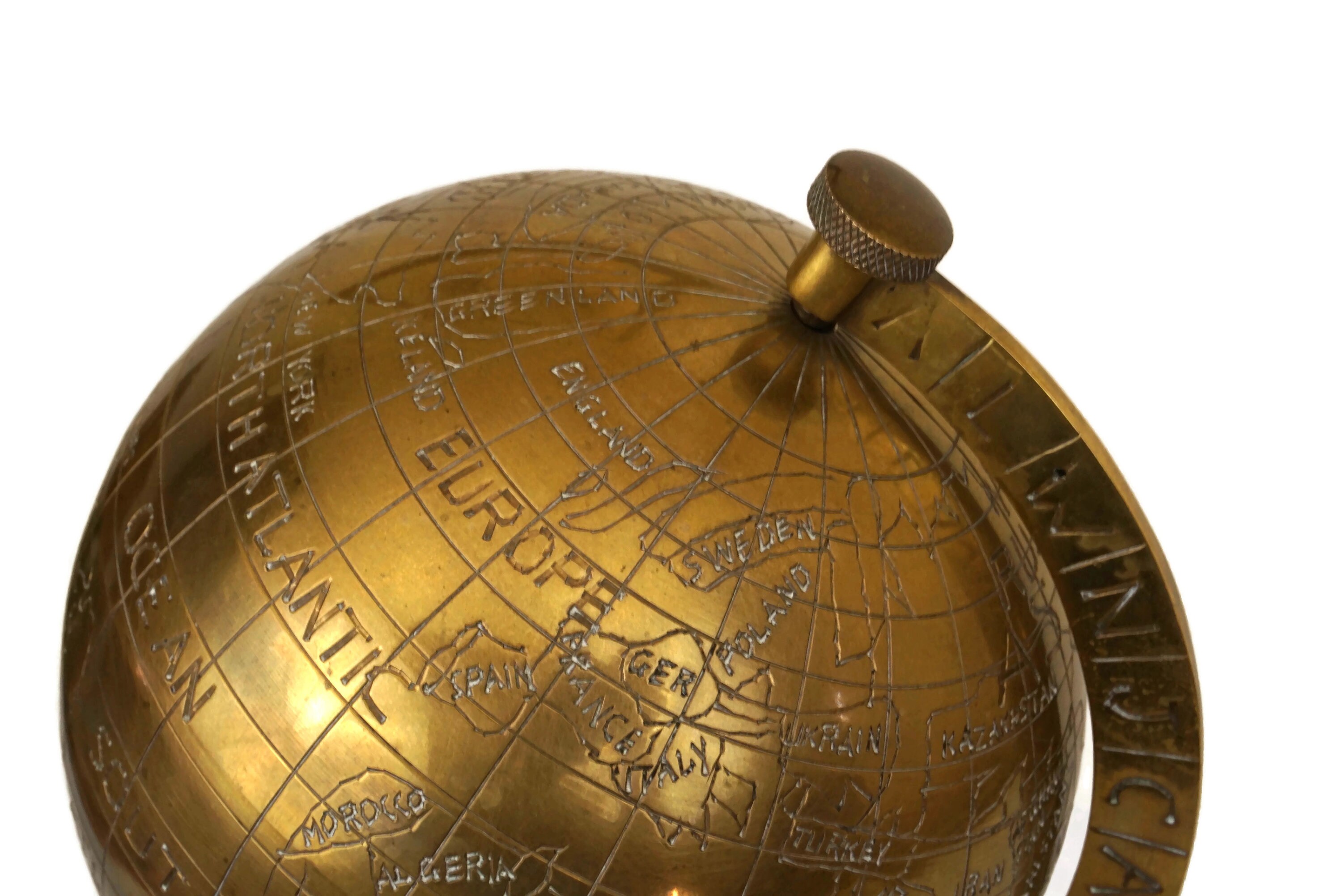 Vintage Brass World Map Globe, Earth Model, Office and Desk Decor