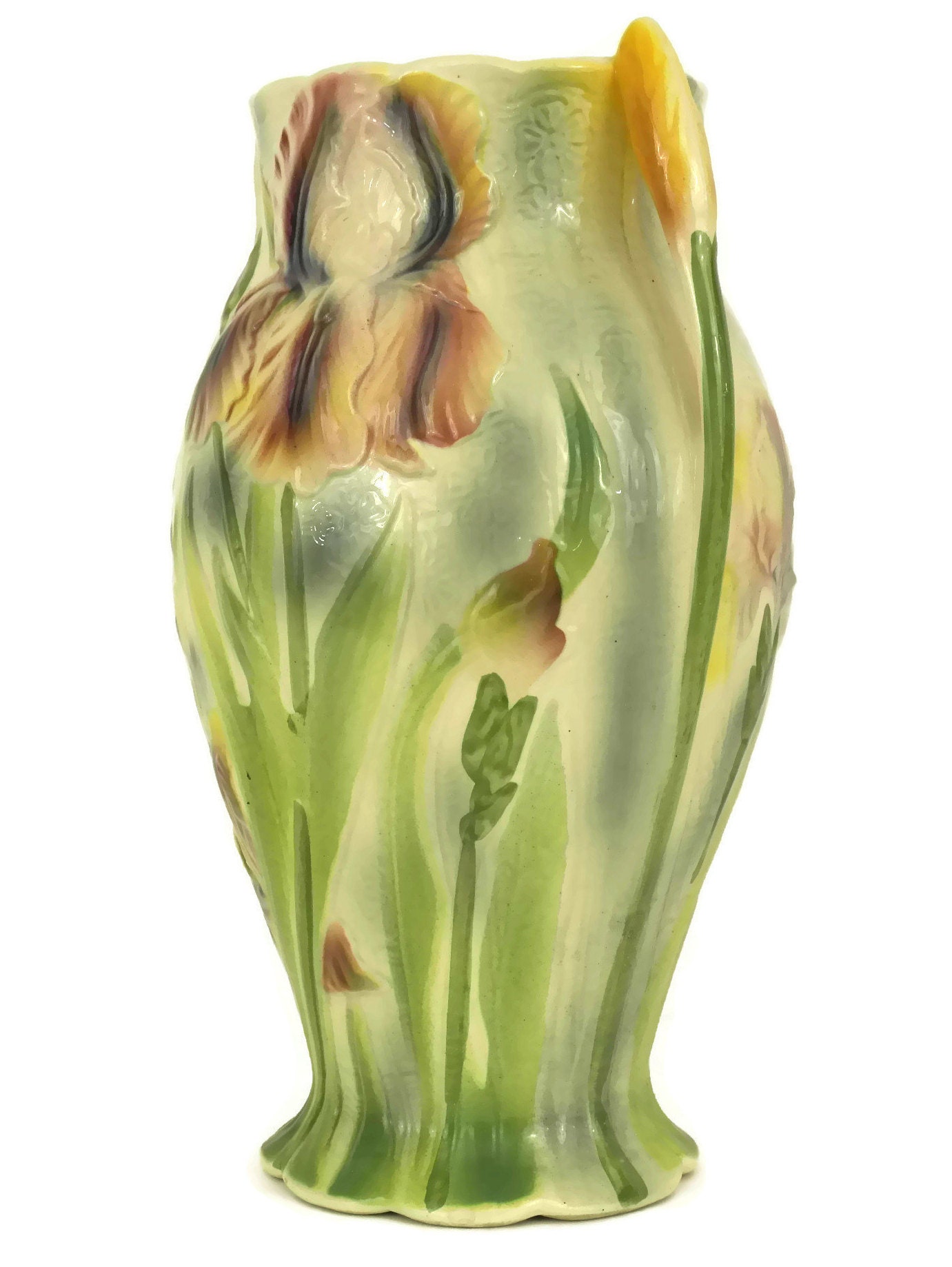 French Majolica Vase with Art Nouveau Iris Flower Decor. St Clement