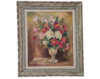 White and Polyantha Rose Flowers Still Life Painting, French Floral Arrangement Wall Art