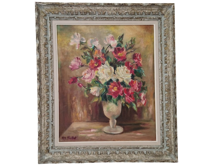 White and Polyantha Rose Flowers Still Life Painting, French Floral Arrangement Wall Art