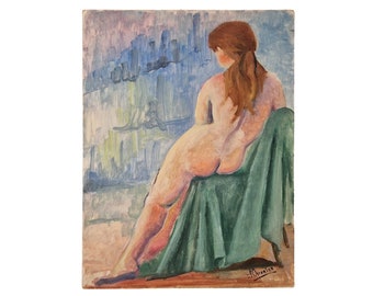 Seated Nude Woman Painting, French Mid Century Naked Lady Portrait, Suzanne Ouvrier Signed Erotic Art