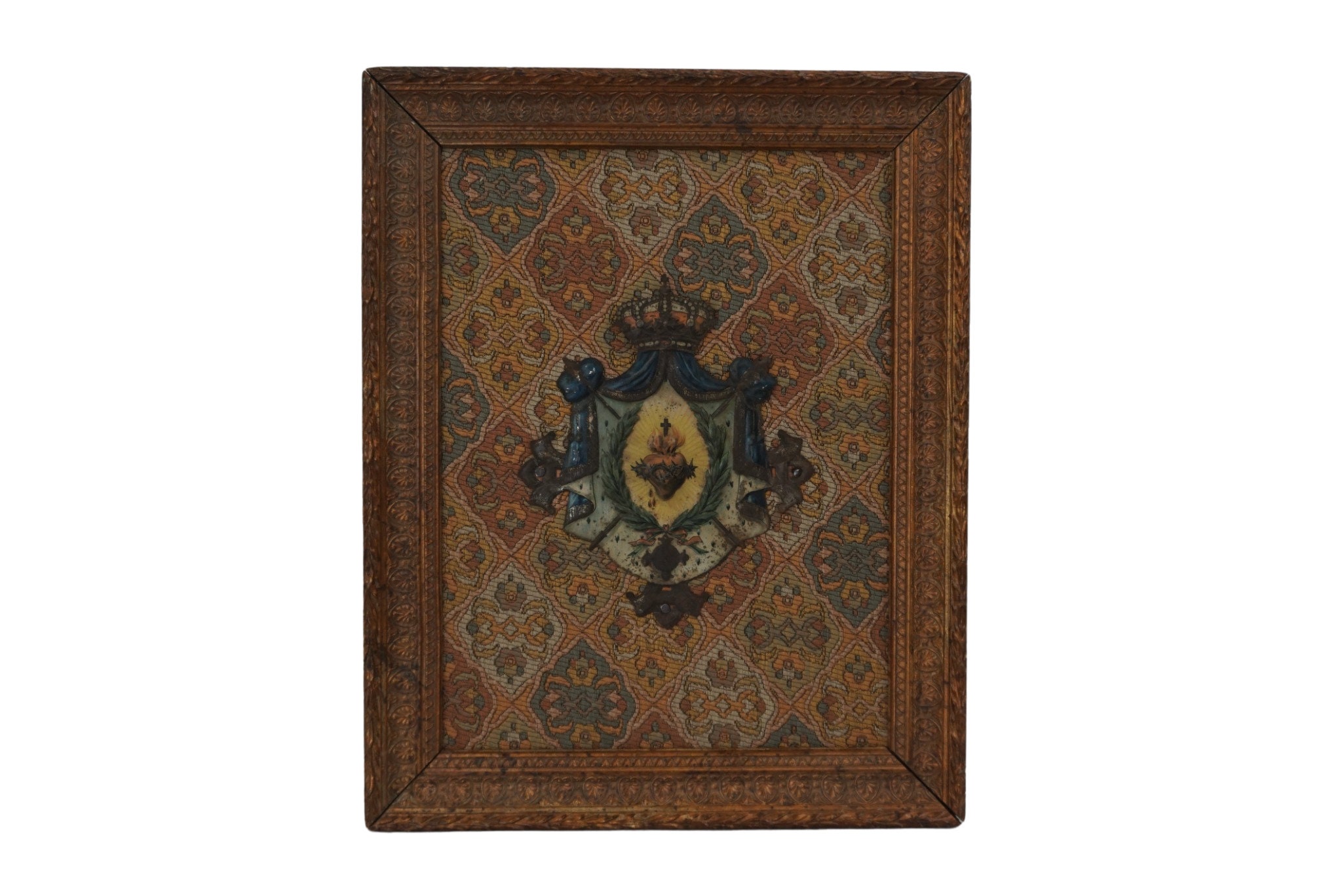 Français Plaque Antique Du Sacré-Cœur avec Couronne et de Laurier, Art Chrétien Encadré