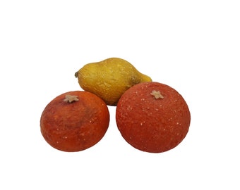 Hand Carved Stone Citrus Fruit Figurines, Set of 3, Lemon, Clementine, Mandarin, Italian Marble Faux Food Display