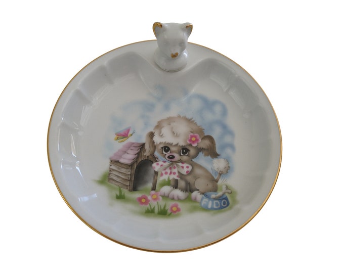 Vintage Limoges Porcelain Baby Feeding Dish with French Poodle Dog and Butterfly, Childrens Food Warming Bowl