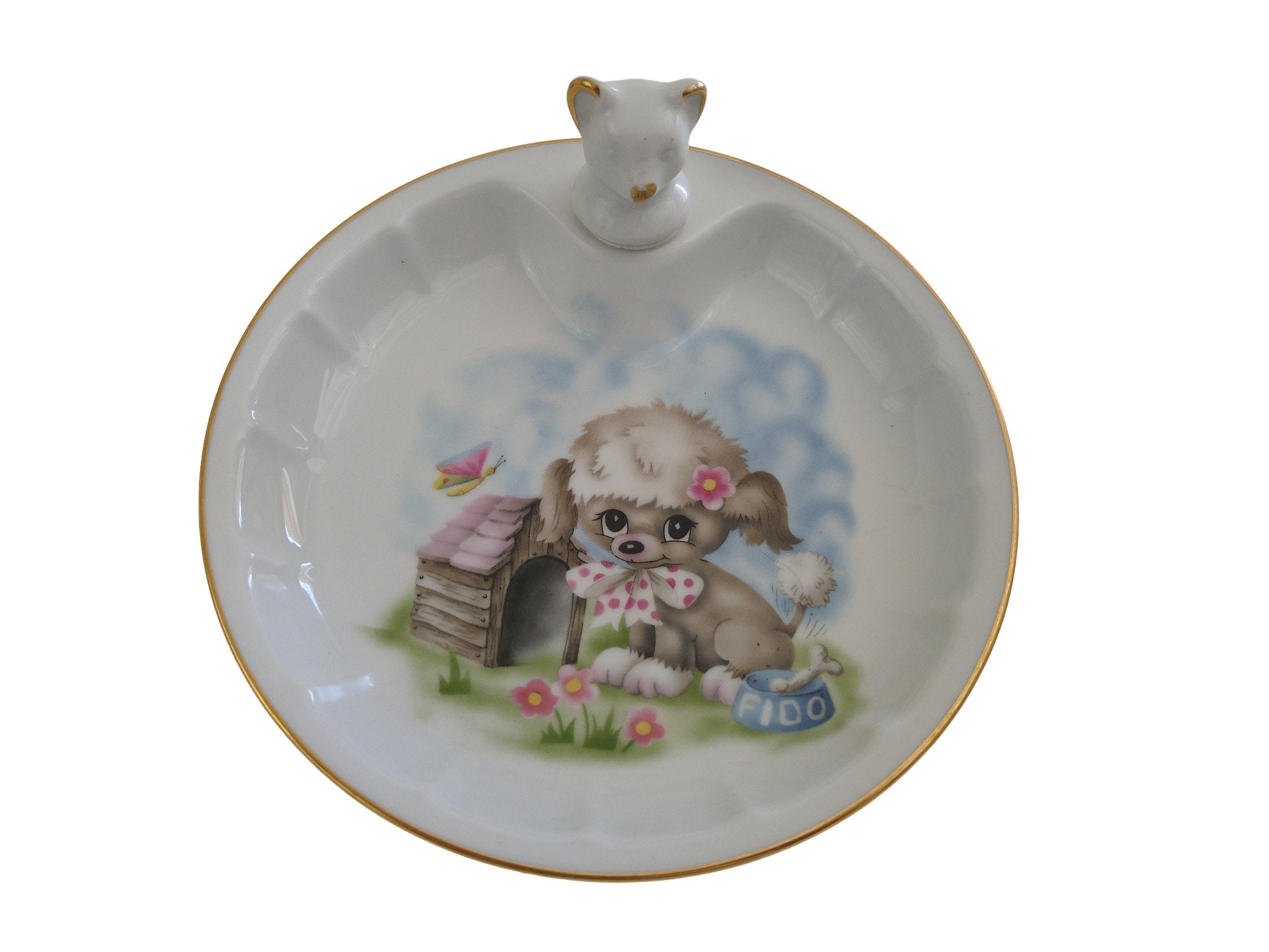 Plat d'alimentation Pour Bébé en Porcelaine de Limoges Vintage avec Français Caniche Chien et Papill